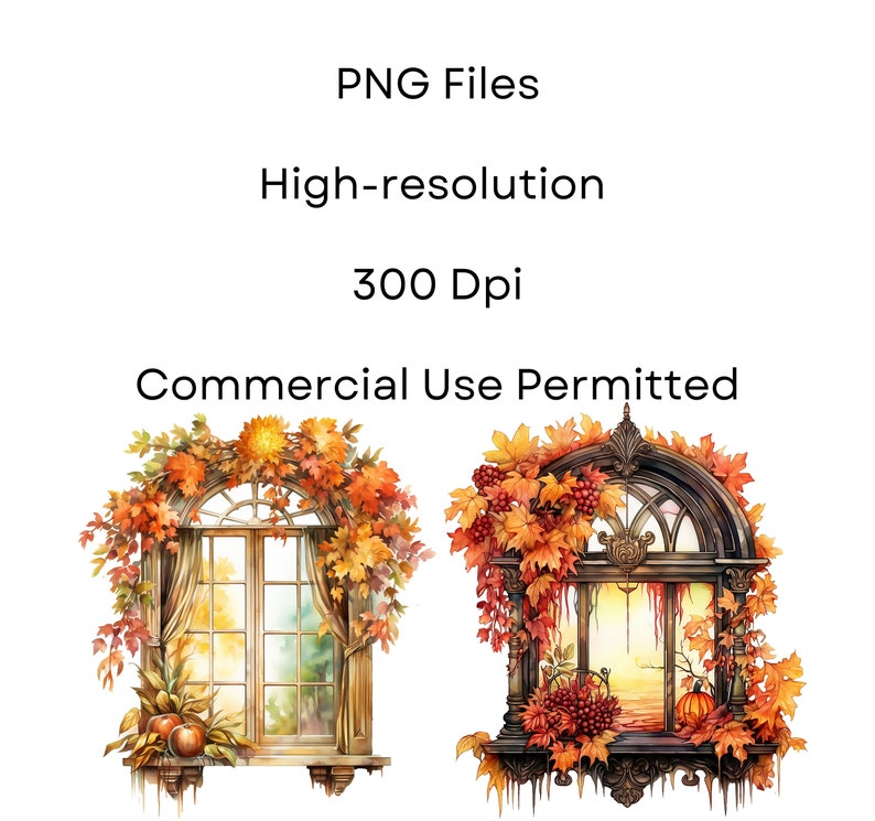 May include: Two watercolor illustrations of windows decorated with fall foliage. The windows are framed in dark wood and have a vintage look. One window has a view of a sunny landscape, while the other window has a view of a forest.