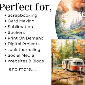 May include: A watercolor painting of a whimsical landscape with a vintage camper parked by a river. The text "Perfect for" is listed with a variety of uses for digital art, including scrapbooking, card making, and social media.