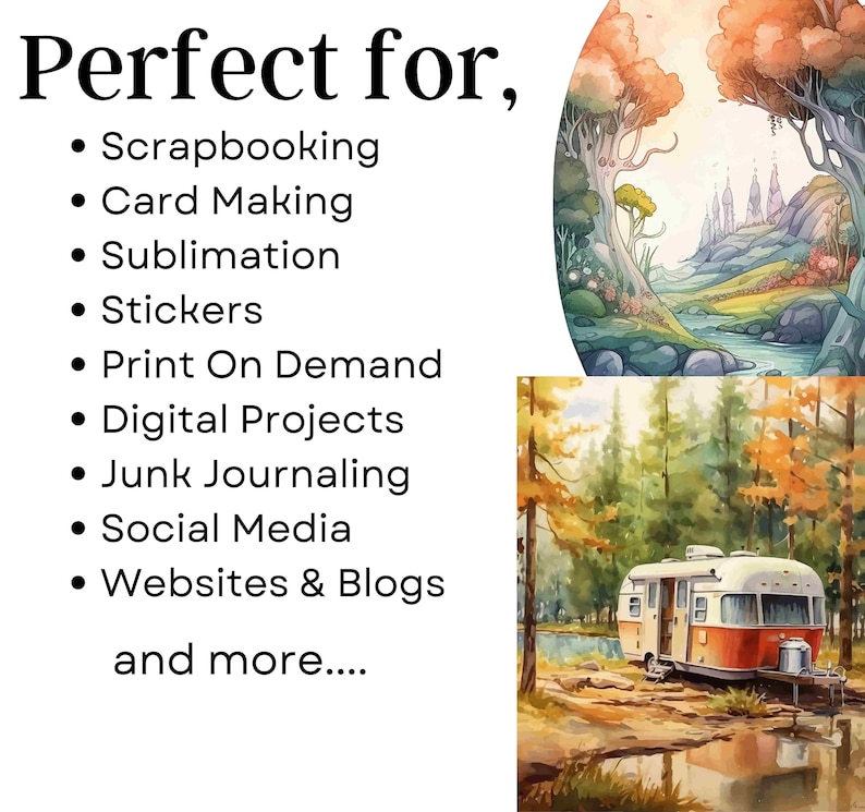 May include: A watercolor painting of a whimsical landscape with a vintage camper parked by a river. The text "Perfect for" is listed with a variety of uses for digital art, including scrapbooking, card making, and social media.