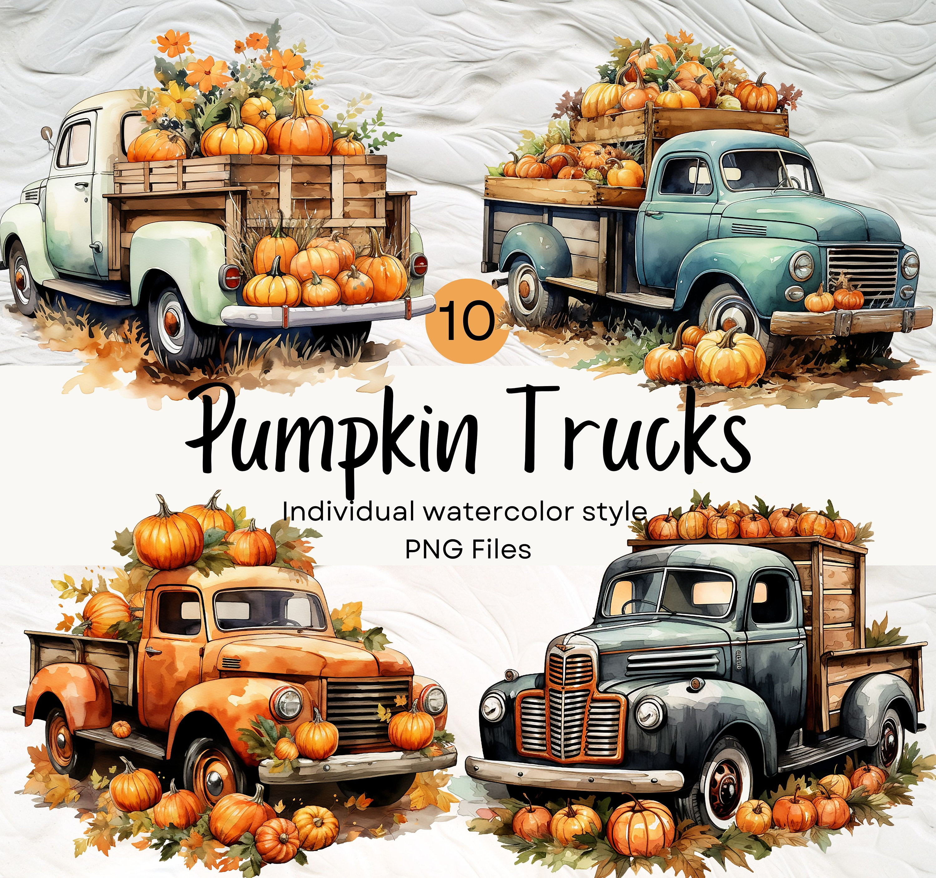 Watercolor Vintage Truck With Pumpkins Clipart, Fall PNG For Commercial Use POD, Autumn Clipart For Sublimation Junk Journals & Scrapbooking