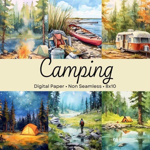 Aquarell Camping Digitales Papier für kommerzielle Nutzung, digitales Papier für Scrapbooking, druckbare Hintergründe, Camping digitale Kunst für Aufkleber