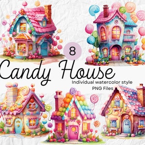 Clipart akwarelowy Candy House, słodycze PNG do użytku komercyjnego POD, Clipart Fairy House do sublimacji Junk Journals i scrapbookingu