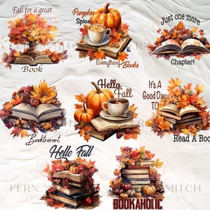 Clipart de citação de outono em aquarela para amantes de livros, PNG para uso comercial POD, clipart de outono para sublimação Junk Journals e Scrapbooking