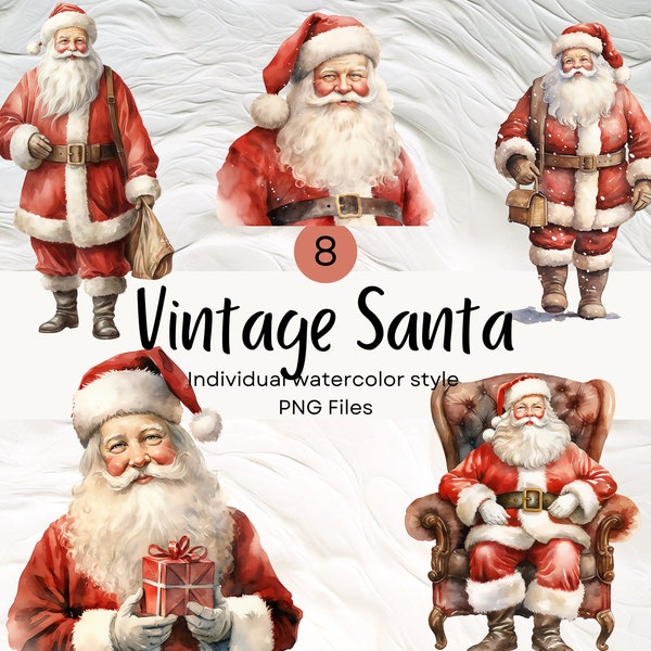 Watercolor Vintage Santa Claus Clipart, Christmas PNG For Commercial Use POD, Winter Clip arts For Sublimation Junk Journals & Scrapbooking