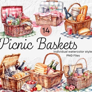 Watercolor Romantic Picnic Baskets Clipart, Cottagecore Basket PNG For Commercial Use And POD, Farmhouse Picnic Basket PNG For Sublimation