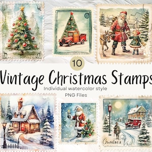 Acuarela Vintage Navidad Sellos Clipart, Navidad PNG para uso comercial POD, Clipart de invierno para sublimación diarios basura y scrapbooking