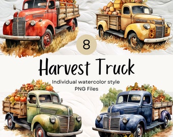 Watercolor Vintage Truck With Harvest Clipart, Fall PNG For Commercial Use POD, Autumn Clipart For Sublimation Junk Journals & Scrapbooking