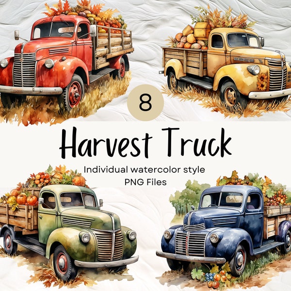 Watercolor Vintage Truck With Harvest Clipart, Fall PNG For Commercial Use POD, Autumn Clipart For Sublimation Junk Journals & Scrapbooking