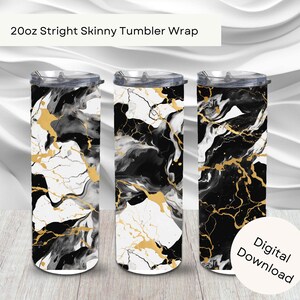 Black White And Gold Marble 20oz Skinny Straight Tumbler Wrap, Sublimation Agate PNG Commercial Use & POD, Instant Download Seamless Pattern
