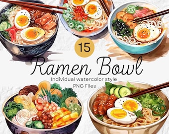 Clipart de ramen en acuarela, PNG de comida asiática, suministros para revistas basura (descarga digital)