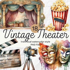 Aquarela Vintage Theatre Clipart, Cinema PNG para uso comercial POD, Retro Broadway Clip arts para sublimação Junk Journals & Scrapbooking