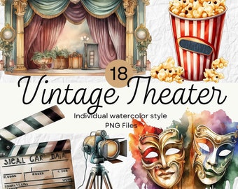 Watercolor Vintage Theater Clipart, Cinema PNG for POD, Junk Journals (Digital Download)