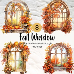 May include: Set of eight watercolor illustrations of fall windows with autumn leaves, pumpkins, and a view of a fall landscape.  The windows are in various styles, including arched and rectangular.  The illustrations are perfect for adding a touch of autumn to your home decor.