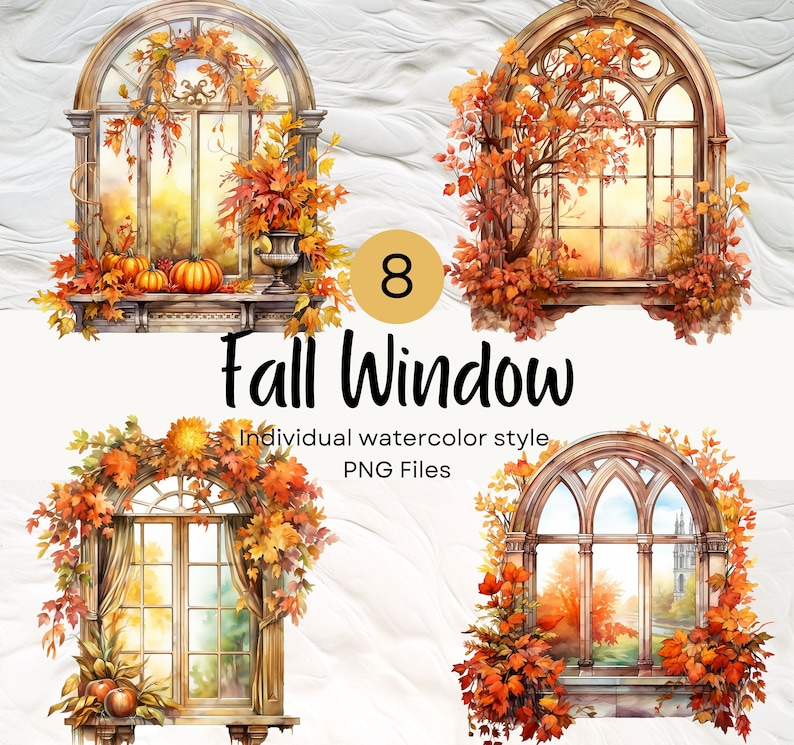 May include: Set of eight watercolor illustrations of fall windows with autumn leaves, pumpkins, and a view of a fall landscape.  The windows are in various styles, including arched and rectangular.  The illustrations are perfect for adding a touch of autumn to your home decor.