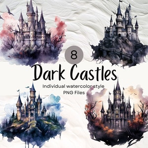 Watercolor Dark Fantasy Castle Clipart, Witch PNG For Commercial Use POD, Halloween Clip arts For Sublimation Junk Journals & Scrapbooking