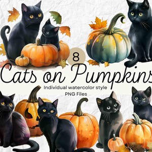 May include: Eight watercolor illustrations of black cats sitting on pumpkins. The pumpkins are various colors and sizes, including orange, green, and white. The cats are all in different poses, some are looking at the camera, some are looking away, and some are sleeping. The illustrations are in a watercolor style and have a whimsical feel.