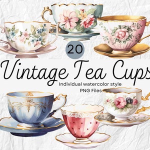 May include: A set of 20 vintage teacups in watercolor style. The teacups are decorated with floral patterns and gold accents. The teacups are perfect for adding a touch of elegance to any tea party.
