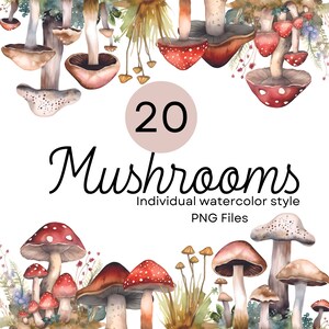 20 clipart de cogumelo aquarela, PNG para uso comercial, ilustrações de cogumelo venenoso primavera verão para convites, clipart de cogumelo florestal