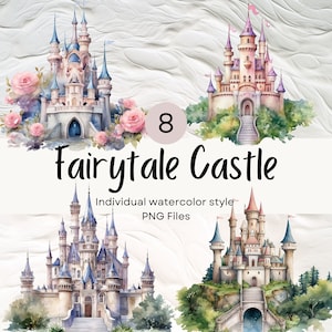 Watercolor Fantasy Castle Clipart, Princess PNG For Commercial Use POD, Fairytale Clip arts For Sublimation Junk Journals & Scrapbooking