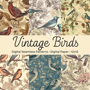 Patrones sin costuras de pájaros victorianos vintage, patrones digitales para uso comercial, papel digital floral para scrapbooking, fondos imprimibles