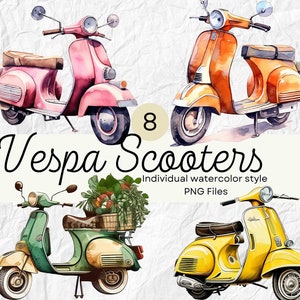 Acquerello Vespa Clipart, Ciclomotore PNG per uso commerciale POD, Vintage Scooter Clipart per sublimazione diari spazzatura e Scrapbooking