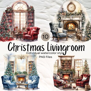 Watercolor Cozy Christmas Living Room Clipart, Xmas PNG For Commercial Use POD, Winter Clipart For Sublimation Junk Journals & Scrapbooking