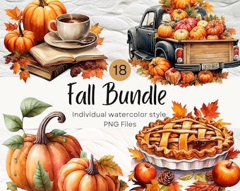 Watercolor Fall Clipart, Autumn Harvest PNG For Commercial Use POD, Thanksgiving Clip arts For Sublimation Junk Journals & Scrapbooking