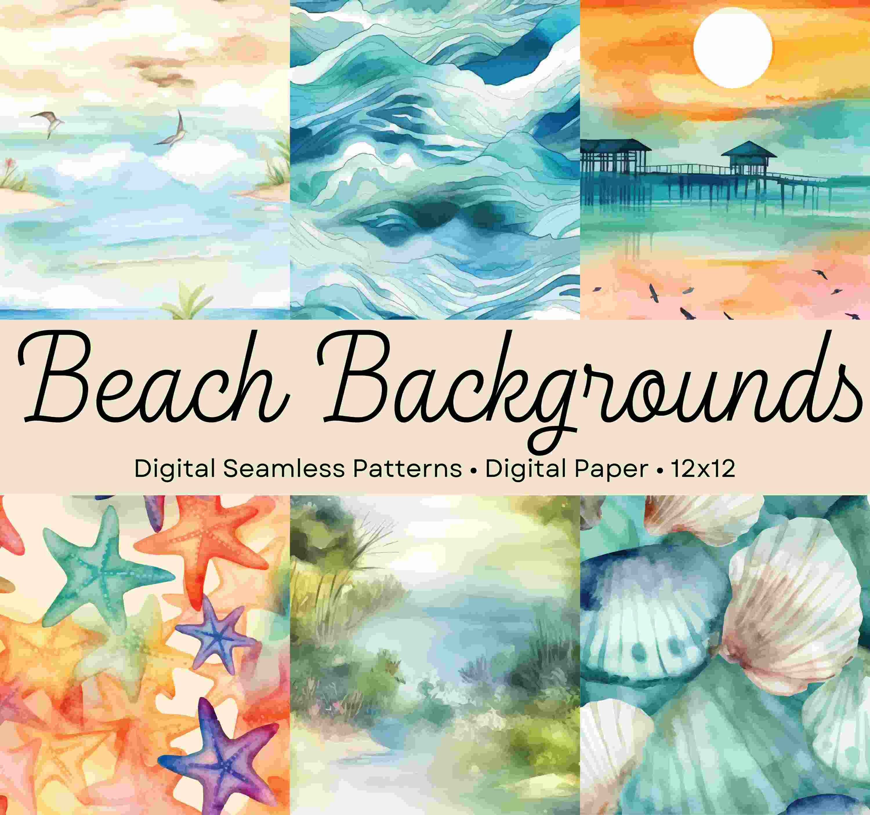 Watercolor Beach Seamless Patterns, Digital Patterns for Commercial Use ...