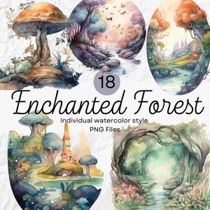 Betoverde Bos PNG Clipart Bundel voor POD, Magisch Fantasie Fairy Landschap, Transparante illustraties voor Junk Journal of Stickers