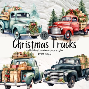 Watercolor Vintage Christmas Truck Clipart, Holiday PNG For Commercial Use POD, Winter Clipart For Sublimation Junk Journals & Scrapbooking