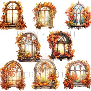May include: Nine watercolor illustrations of arched windows with fall foliage, pumpkins, and vines. Each window has a different design and view.