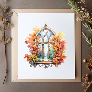 May include: A watercolor painting of a window with a gothic arch and stained glass. The window is framed by autumn leaves in shades of orange, red, and yellow.