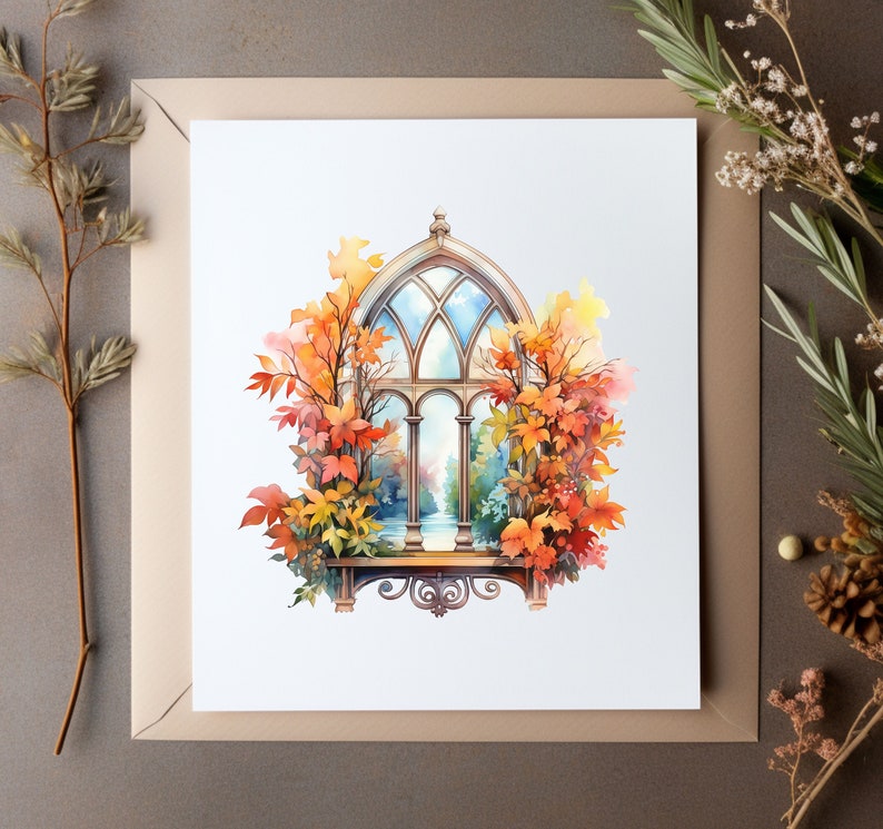 May include: A watercolor painting of a window with a gothic arch and stained glass. The window is framed by autumn leaves in shades of orange, red, and yellow.