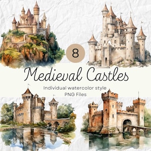 Watercolor Medieval Castle Clipart, Fairytale PNG For Commercial Use POD, Fantasy Clipart For Sublimation Junk Journals & Scrapbooking