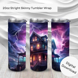 Haunted House 20oz Skinny Straight Tumbler Wrap, Sublimation PNG Commercial Use & POD, Halloween Instant Download Digital Art Background