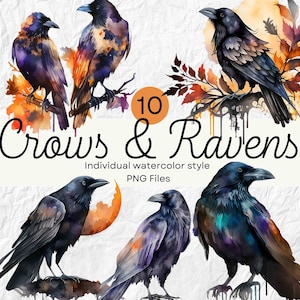 Watercolor Halloween Ravens and Crows Clipart, Fall PNG For Commercial Use POD, Autumn Clipart For Sublimation Junk Journals & Scrapbooking