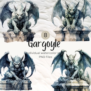 Aquarel Halloween Gargoyle Clipart, Monster Standbeeld PNG voor commercieel gebruik POD, Clipart voor sublimatie ongewenste tijdschriften & Scrapbooking