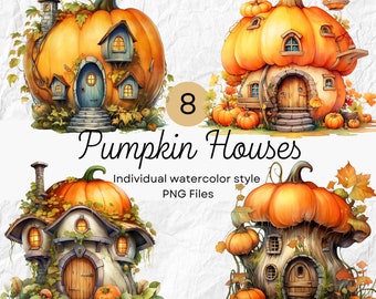 Watercolor Fall Pumpkin Fairy House Clipart, Fall PNG For Commercial Use POD, Autumn Clip arts For Sublimation Junk Journals & Scrapbooking