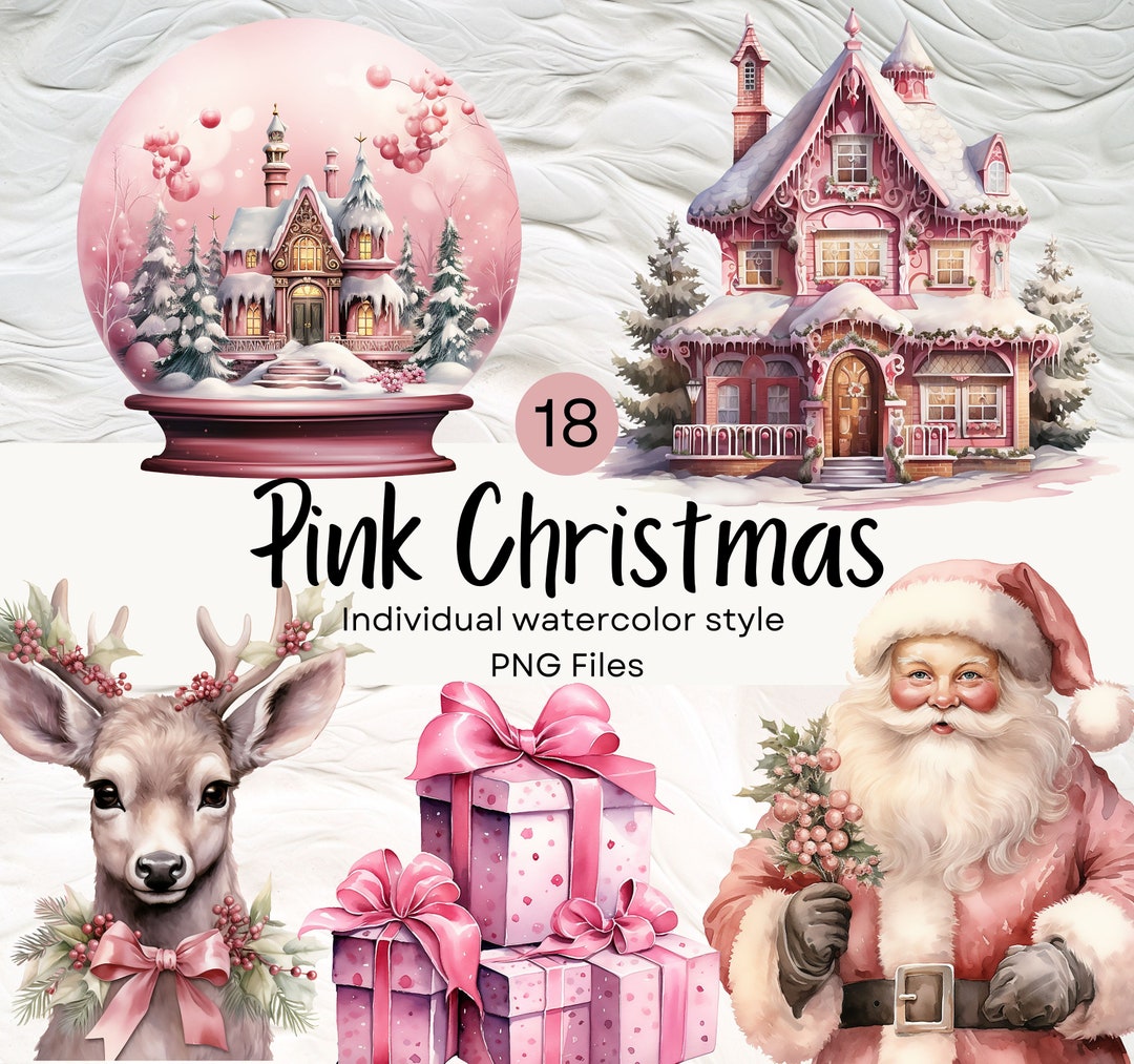 Watercolor Pink Christmas Bundle Clipart, Girly PNG for Commercial Use ...