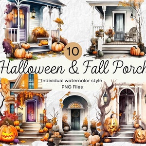 Watercolor Halloween Front Porch Clipart, Fall PNG For Commercial Use POD, Autumn Decor Clipart For Sublimation Junk Journals & Scrapbooking
