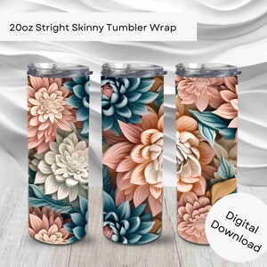 Pastel Boho Floral 3D 20oz Skinny Straight Tumbler Wrap, Sublimation PNG Commercial Use & POD, Instant Download Boho floral Seamless Pattern