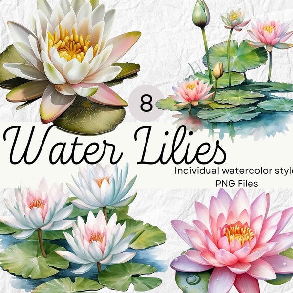 Watercolor Water Lily Clipart, Lily Flower PNG For Commercial Use POD,  Botanical Flowers For Sublimation Junk Journals & Scrapbooking