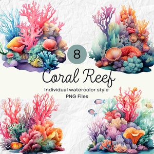 Watercolor Coral Reef Clipart, Pcean PNG For Commercial Use POD, Tropical Clip arts For Sublimation Junk Journals & Scrapbooking