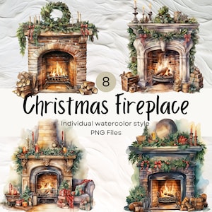 Watercolor Christmas Fireplace Clipart, Cozy PNG For Commercial Use POD, Winter Clip arts For Sublimation Junk Journals & Scrapbooking