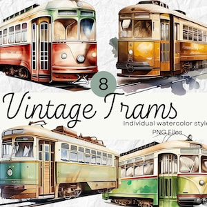 Watercolor Vintage Tram Clipart, Tram PNG For Commercial Use POD, Retro Trolly Car Clipart For Sublimation Junk Journals & Scrapbooking