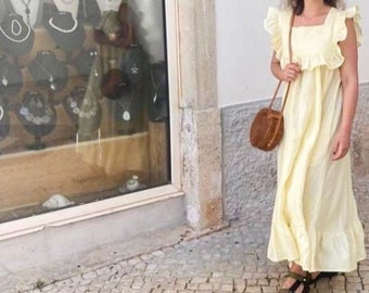 White dress in natural linen, Victorian style, vintage women's dress, with ruffle applications, handmade,comfortable,sizes from XS to XL.