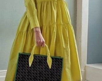 thin yellow satin cotton dress, M, shirt style, asymmetric, wide ruffles, midi/please message any color, size