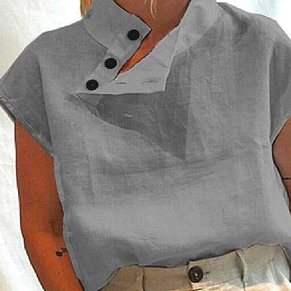 shirt, xs-xxxl, gray linen, length 55 cm,high collar 12 cm, sleeveless, dropped shoulder 10 cm, shoulder buttons/t by message any size,color