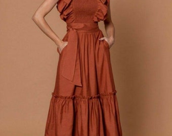 22DRESS__linen, M, brick, midi, V shaped frills on the bust over the shoulder, wide lap/ask by message for any size, color