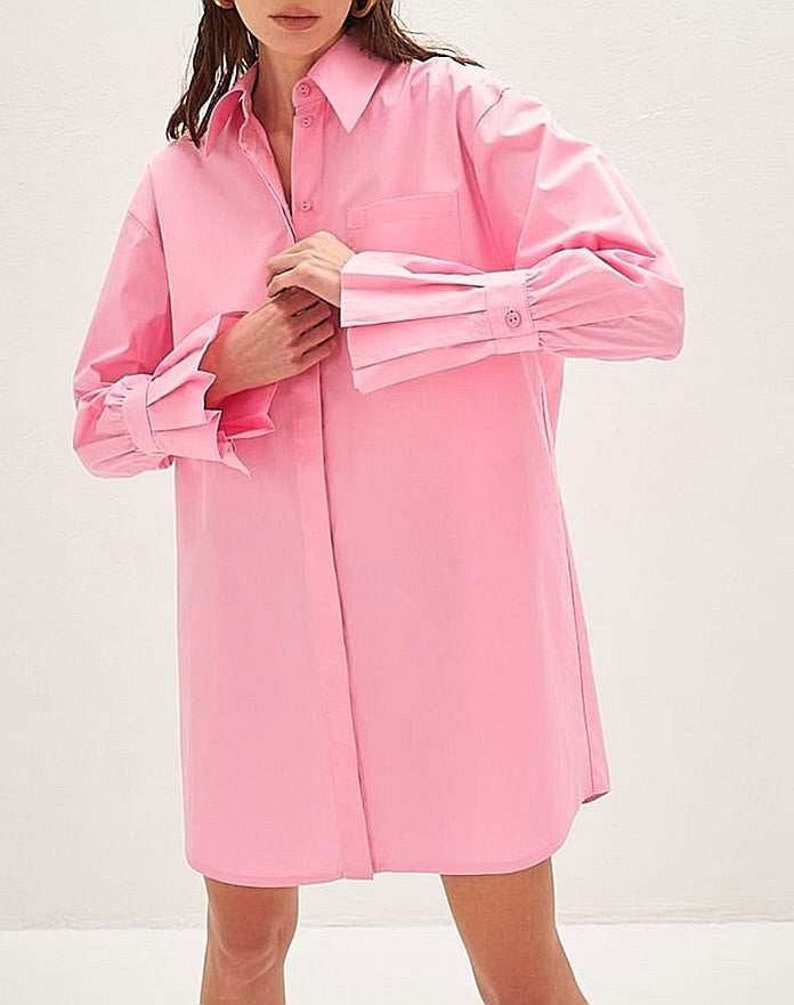 chemise xs,xxxl, coton rose, élégante, maxi, longueur 70cm, manche longue, manchette plissée, col, poches personnalisées,demande par message toute taille, couleur image 1